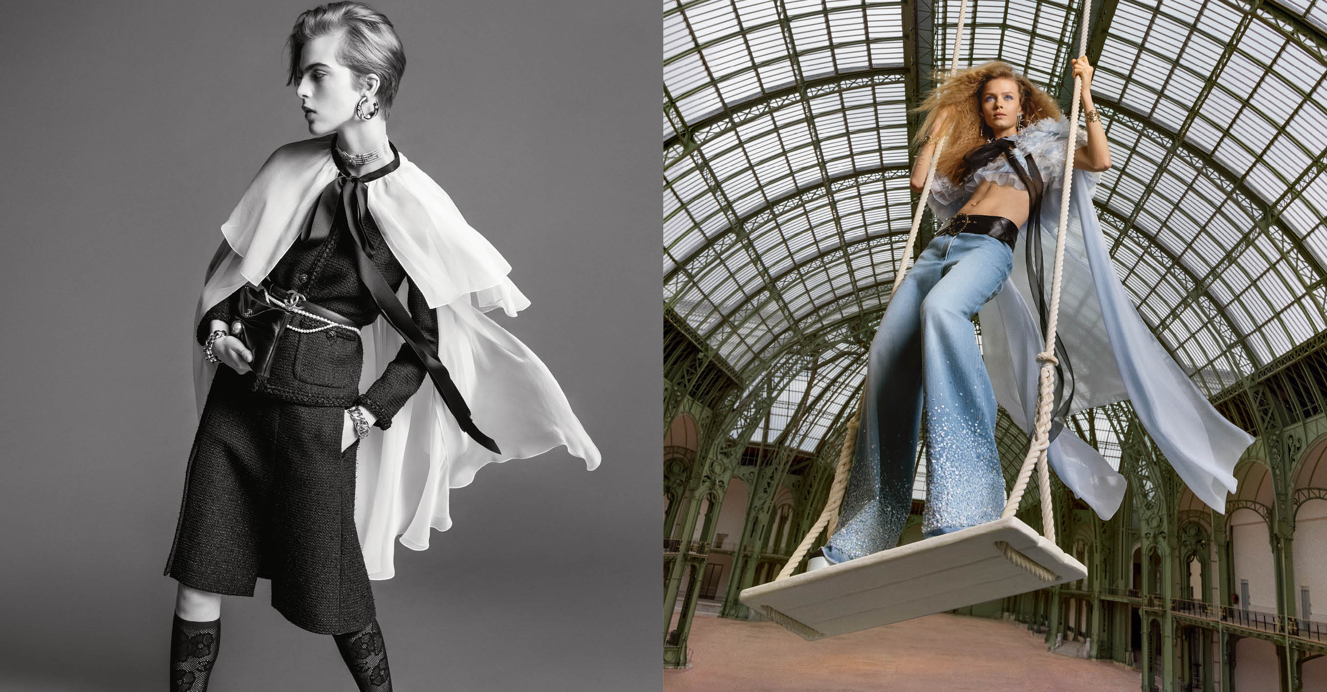 Diptyque fashion campaign featuring a black and white studio portrait and a full-color architectural shot inside the Grand Palais in Paris.