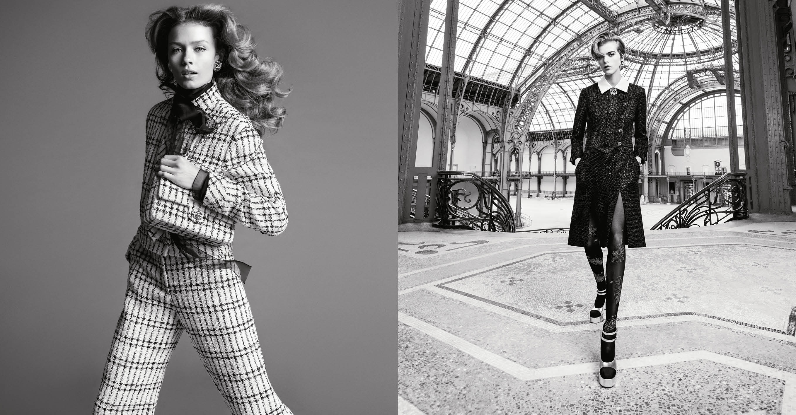 Model in patterned tweed suit holding matching quilted handbag inside the Grand Palais in Paris for Chanel ad campaign