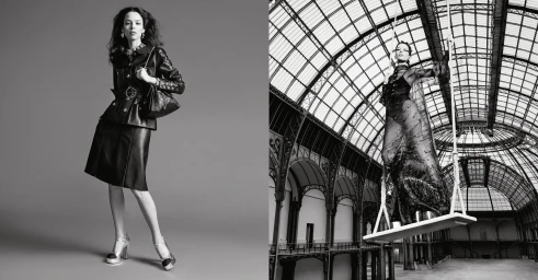 Black and white editorial diptych featuring a model in leather attire and another on a swing under an arched glass ceiling.