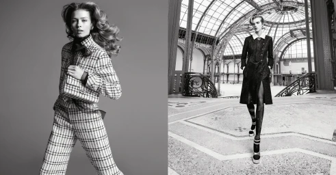 Model in patterned tweed suit holding matching quilted handbag inside the Grand Palais in Paris for Chanel ad campaign
