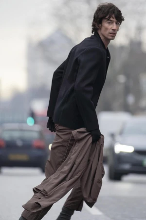 Man wearing a black jacket and brown trousers crossing an urban street, holding an extra garment.