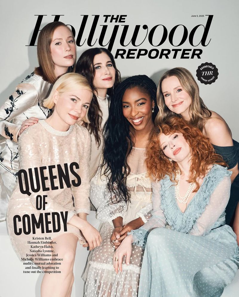 Group portrait from the cover of The Hollywood Reporter, featuring six women with varying hairstyles, dressed in formal, pastel-colored dresses.