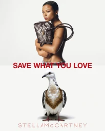 Model holding a woven brown leather handbag above a pigeon against a clean white background with red text