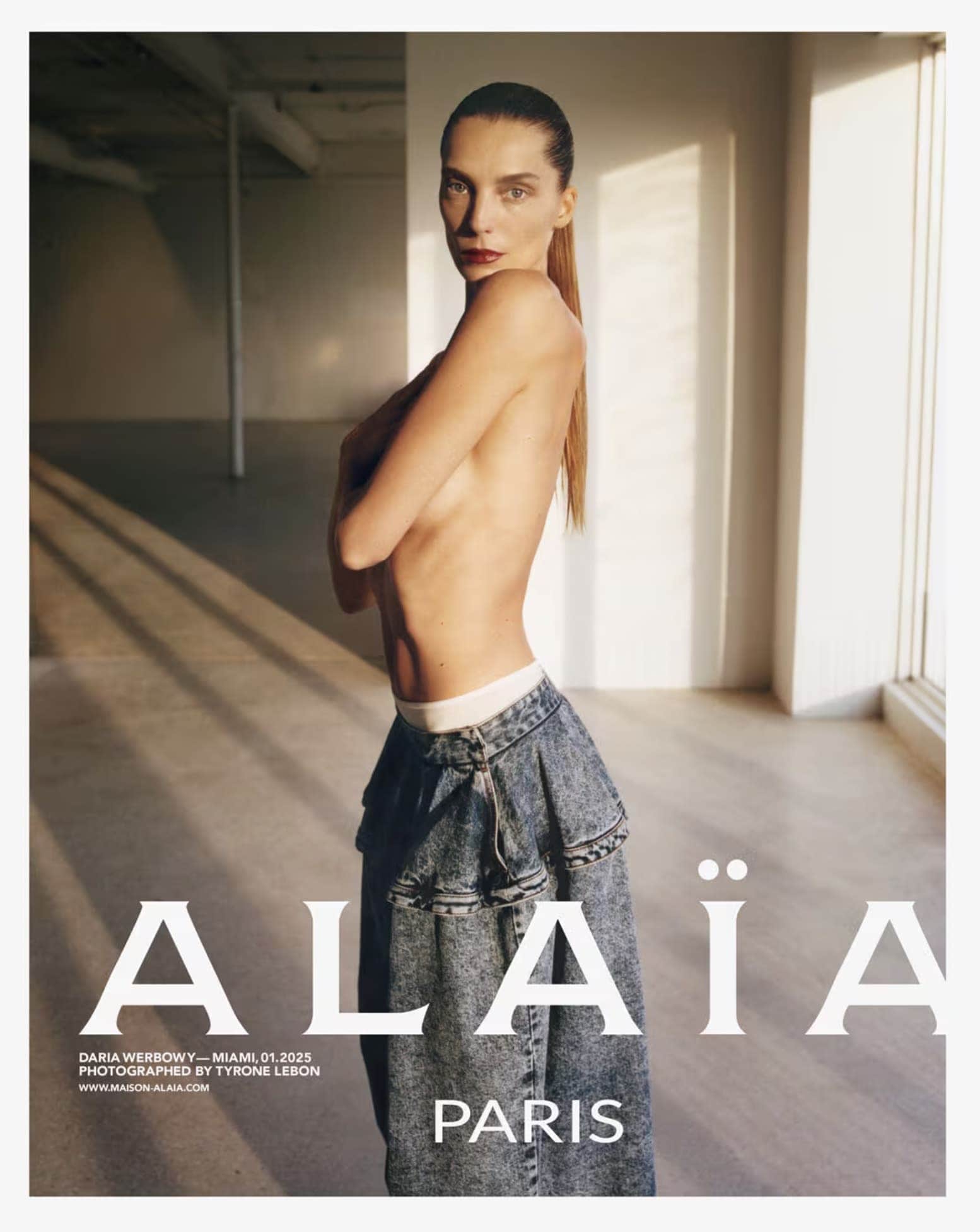 Model Daria Werbowy wearing denim skirt for Alaia Spring 2025 ad campaign, photographed by Tyrone Lebon