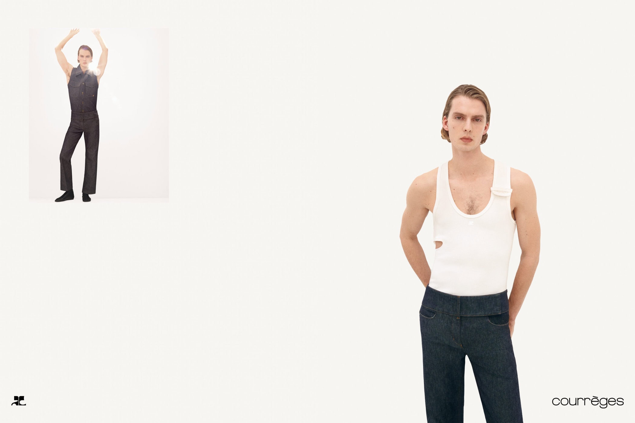 Man wearing a white tank top and dark denim pants standing against a white seamless background with a smaller inset image on the left.