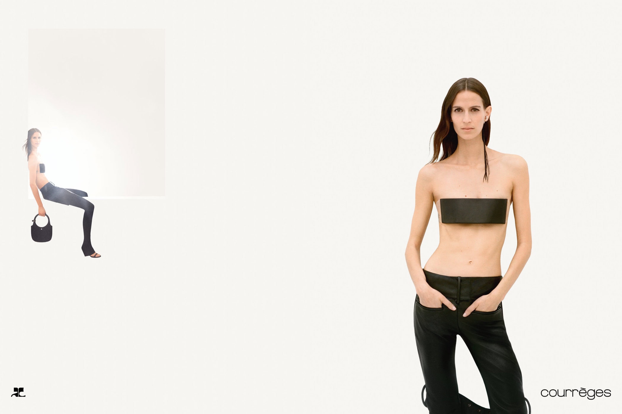 Model wearing dark bandeau top and black trousers against a clean white seamless studio background for Courreges