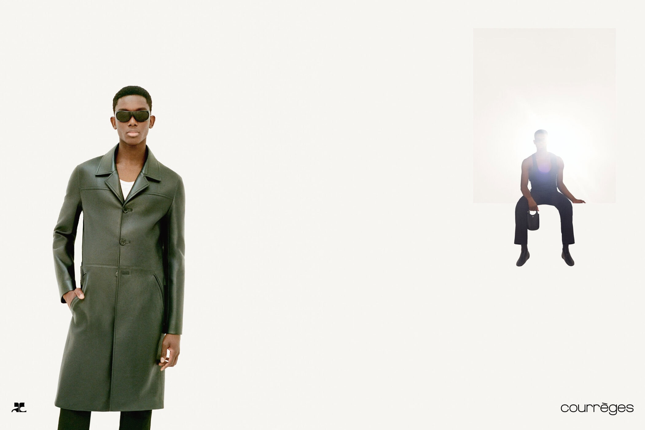 Model in a dark green leather coat and sunglasses standing against a bright white background for Courreges