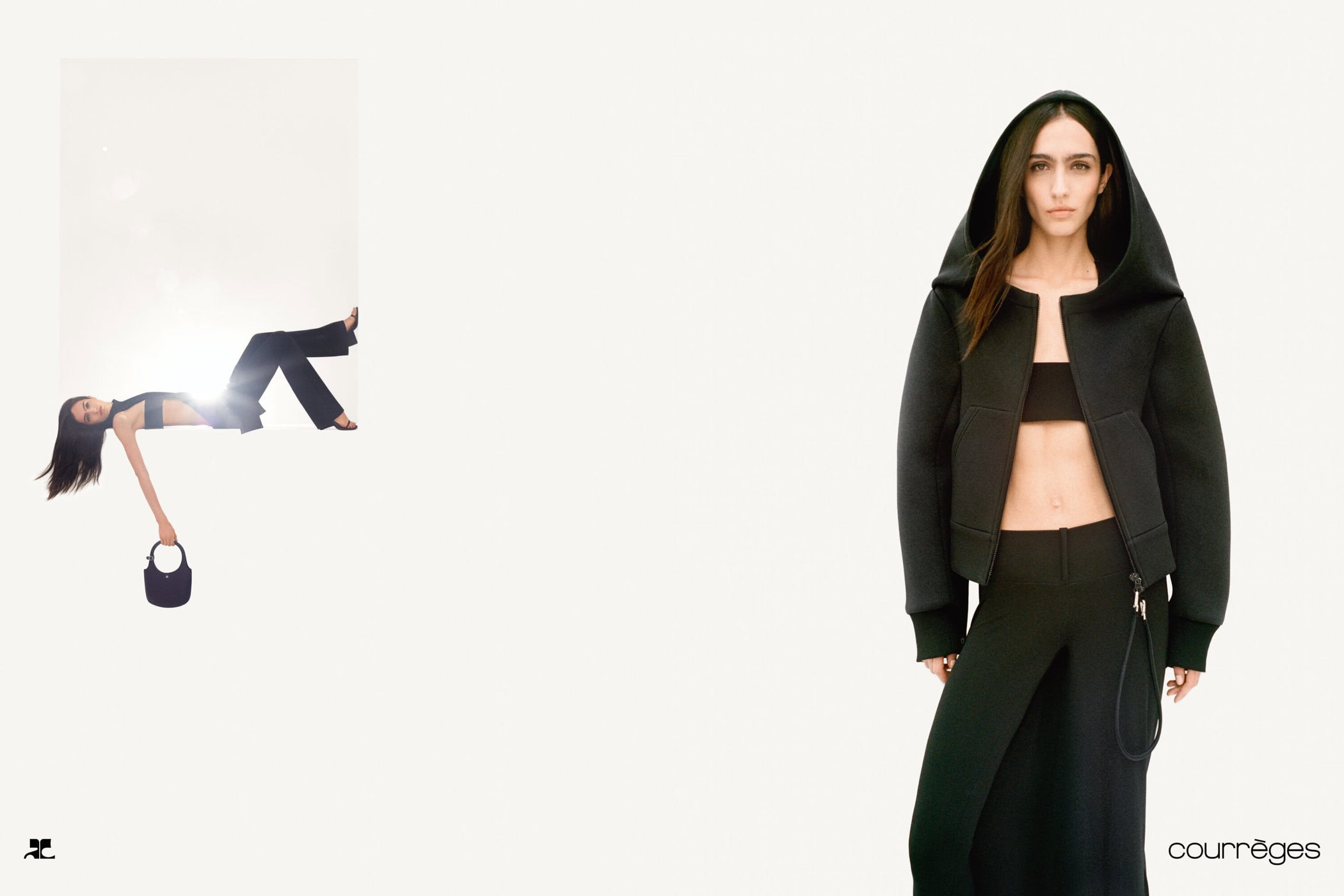 Model in a black hooded jacket and matching pants against a bright white background for the Courreges Spring 2025 ad campaign.