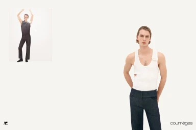 Man wearing a white tank top and dark denim pants standing against a white seamless background with a smaller inset image on the left.