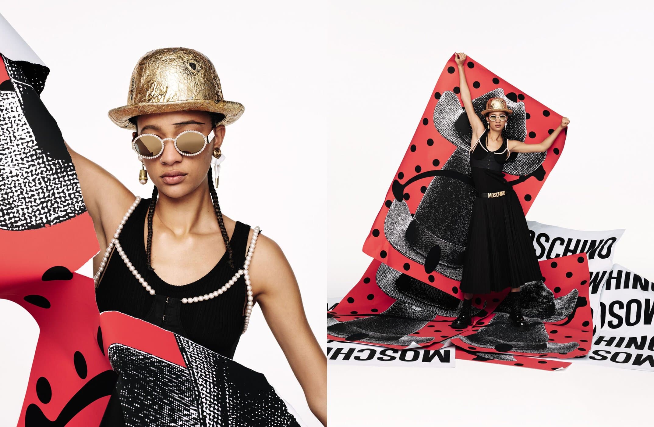 Model in a gold derby hat and black dress holding printed graphics in Moschino Spring 2025 ad campaign against white.