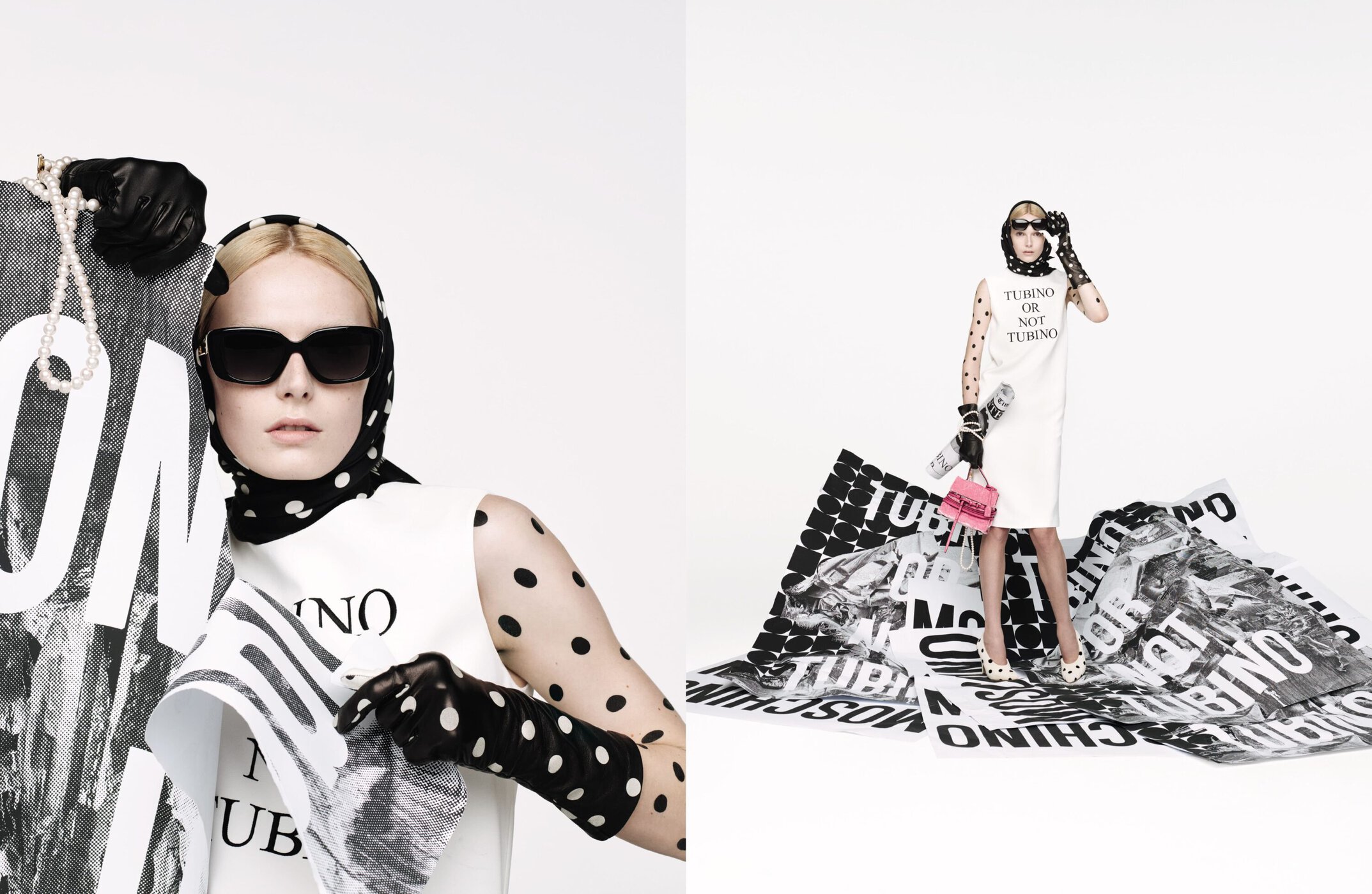 Model in white dress with black polka dots, headscarf, sunglasses, and black gloves holding printed posters against a white backdrop.