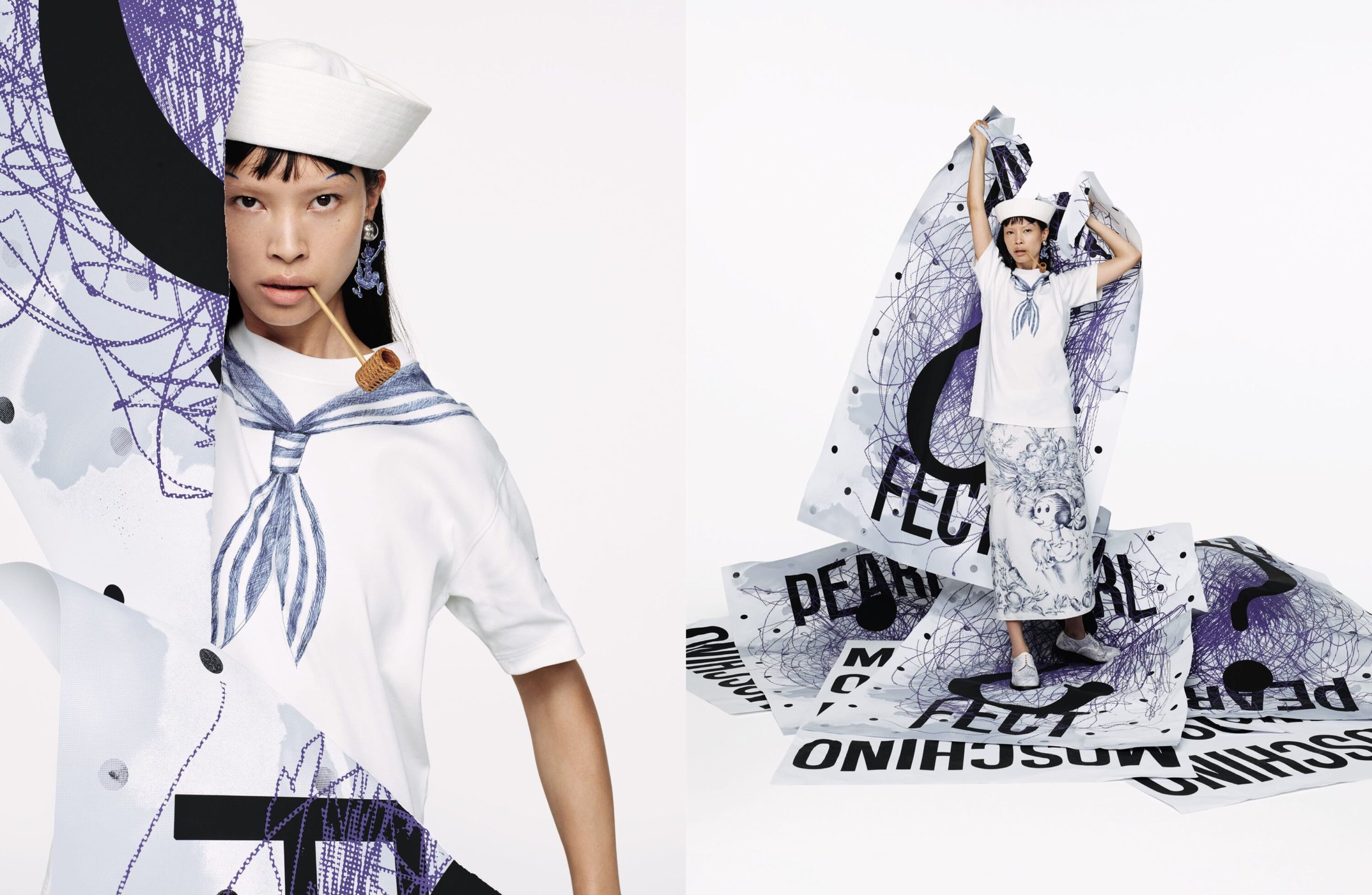 Model wearing a white sailor hat and t-shirt, holding up large printed paper posters featuring sketched graphics and text against a white backdrop.
