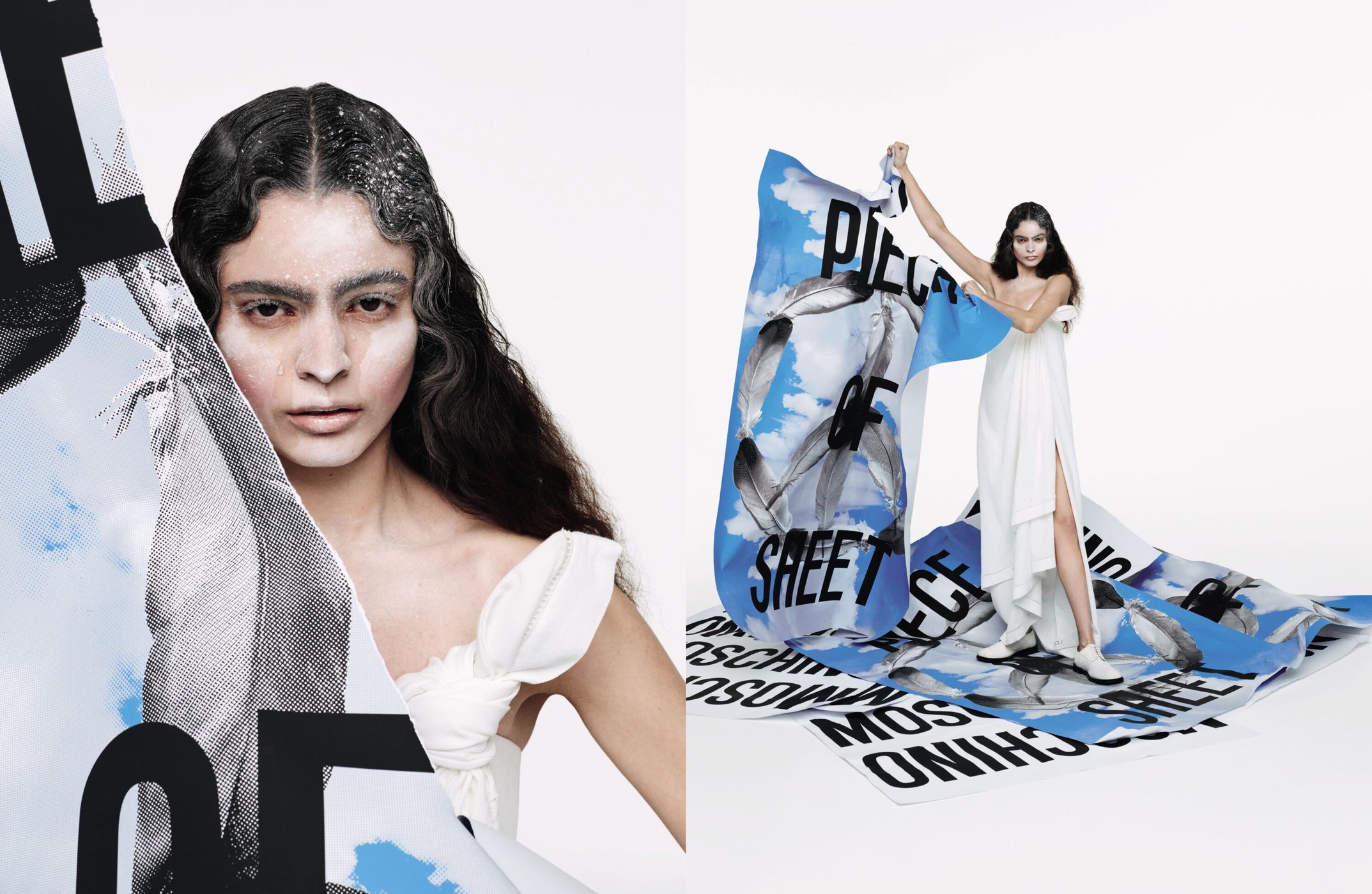 Model in white dress holding up large printed banner against a plain white background for Moschino spring 2025 campaign