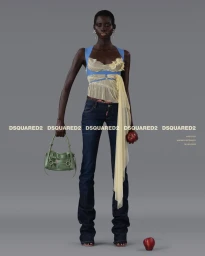 Black model wearing a layered sheer top and dark denim jeans against a plain grey backdrop holding a green handbag