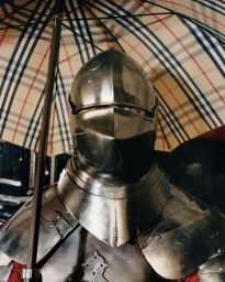 Close-up portrait of a person in polished medieval steel armor holding a Burberry check umbrella in London.