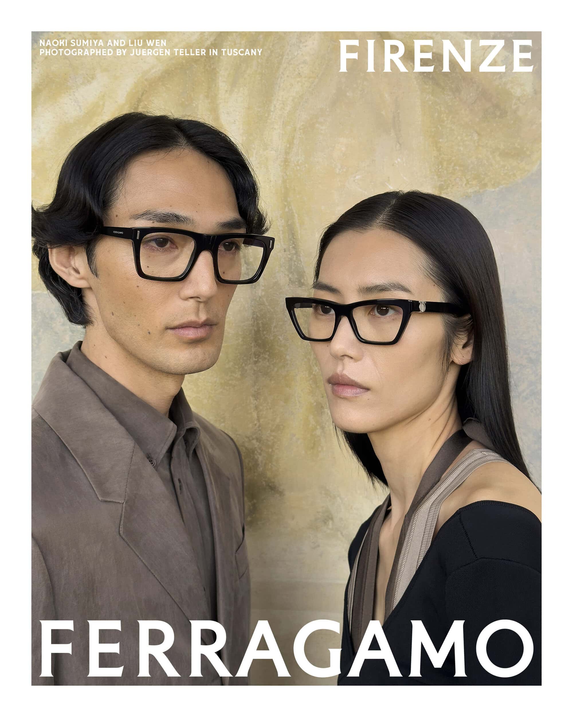 Naoki Sumiya and Liu Wen wearing black eyewear for Ferragamo Spring 2025 ad campaign photographed by Juergen Teller.