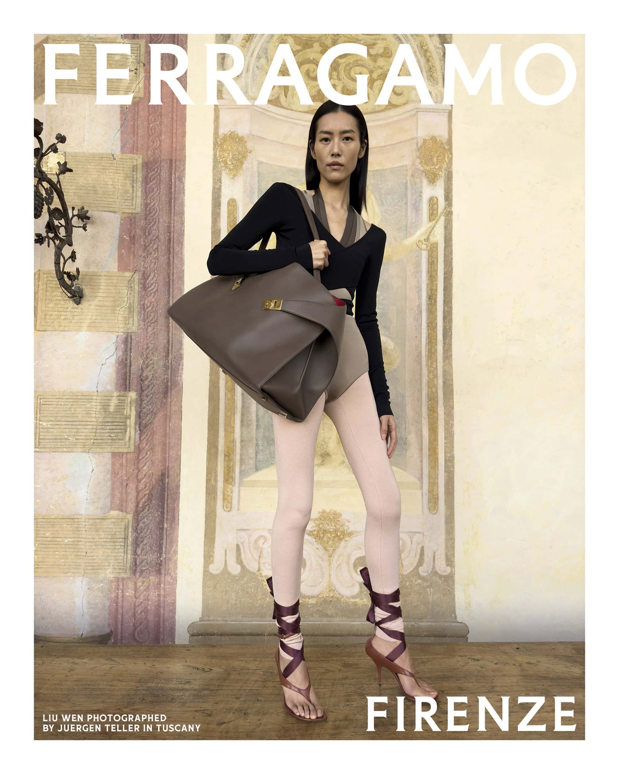 Liu Wen holding a large taupe leather shoulder bag for Ferragamo Spring 2025 ad campaign, photographed by Juergen Teller.