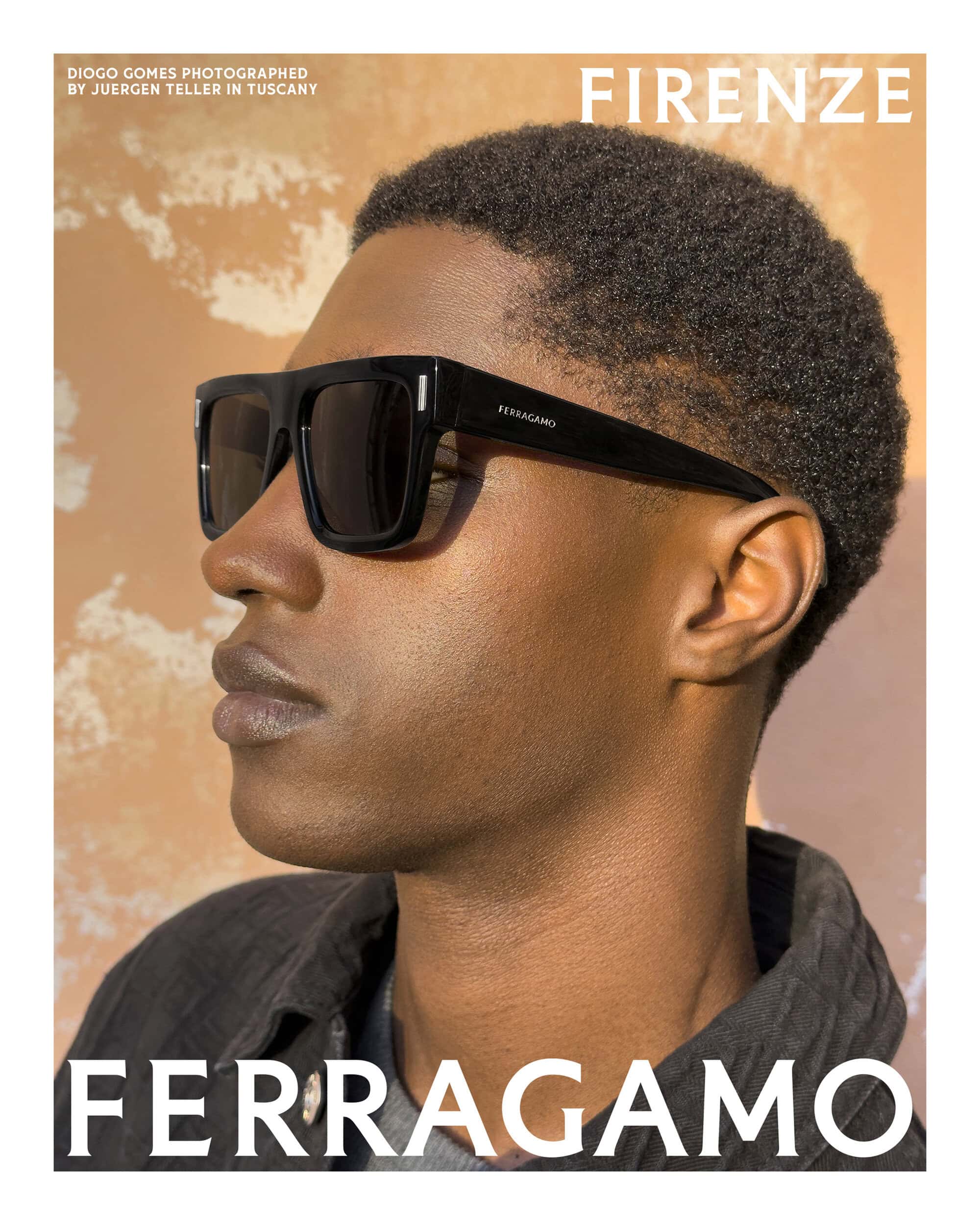 Close-up profile portrait of Diogo Gomes wearing black sunglasses and a dark jacket for Ferragamo Spring 2025 campaign.