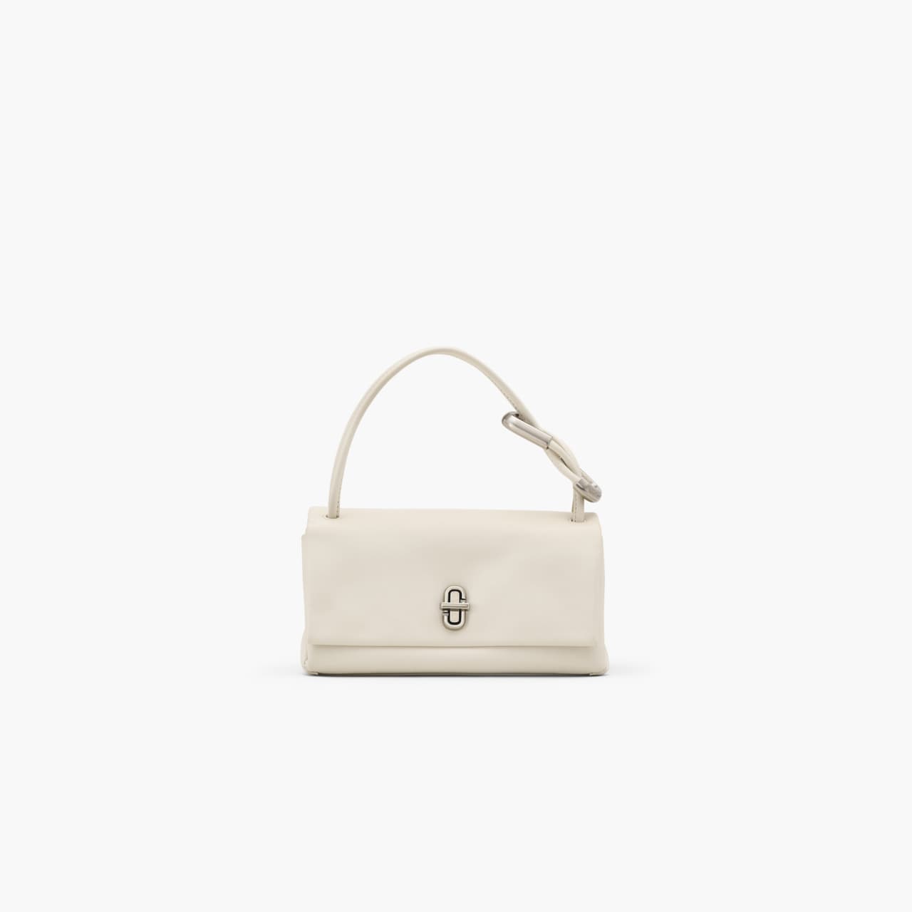 Off-white leather shoulder bag with a metal turn-lock closure on a seamless white background.