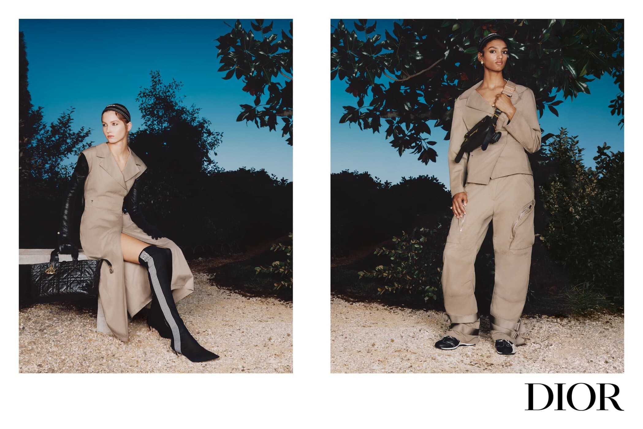 Diptych fashion photograph of two models posing outdoors in beige outfits against a dark evening sky and trees.