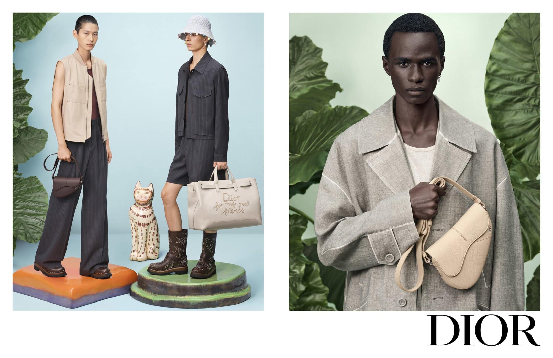 Dior spring 2025 ad campaign featuring models with handbags and sculptural props against studio backdrops