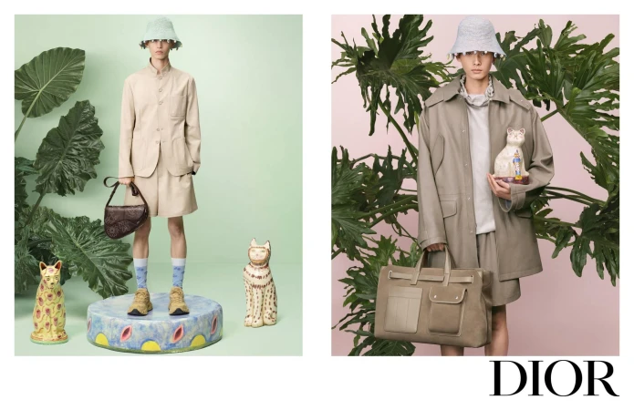 Diptych fashion ad campaign image for Dior featuring models in neutral menswear holding designer handbags and ceramic cat figures