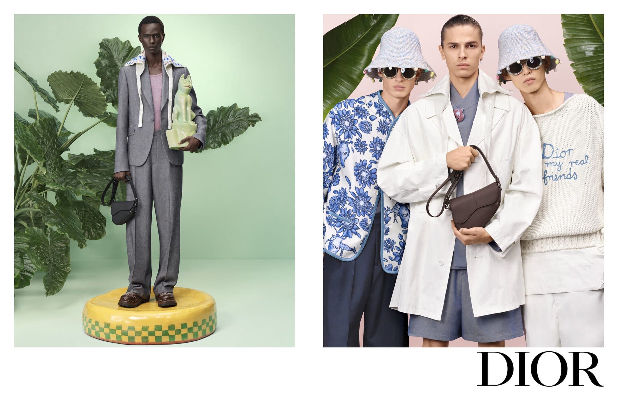 Two side-by-side fashion images featuring male models wearing Dior spring collection clothing and accessories in studio settings.