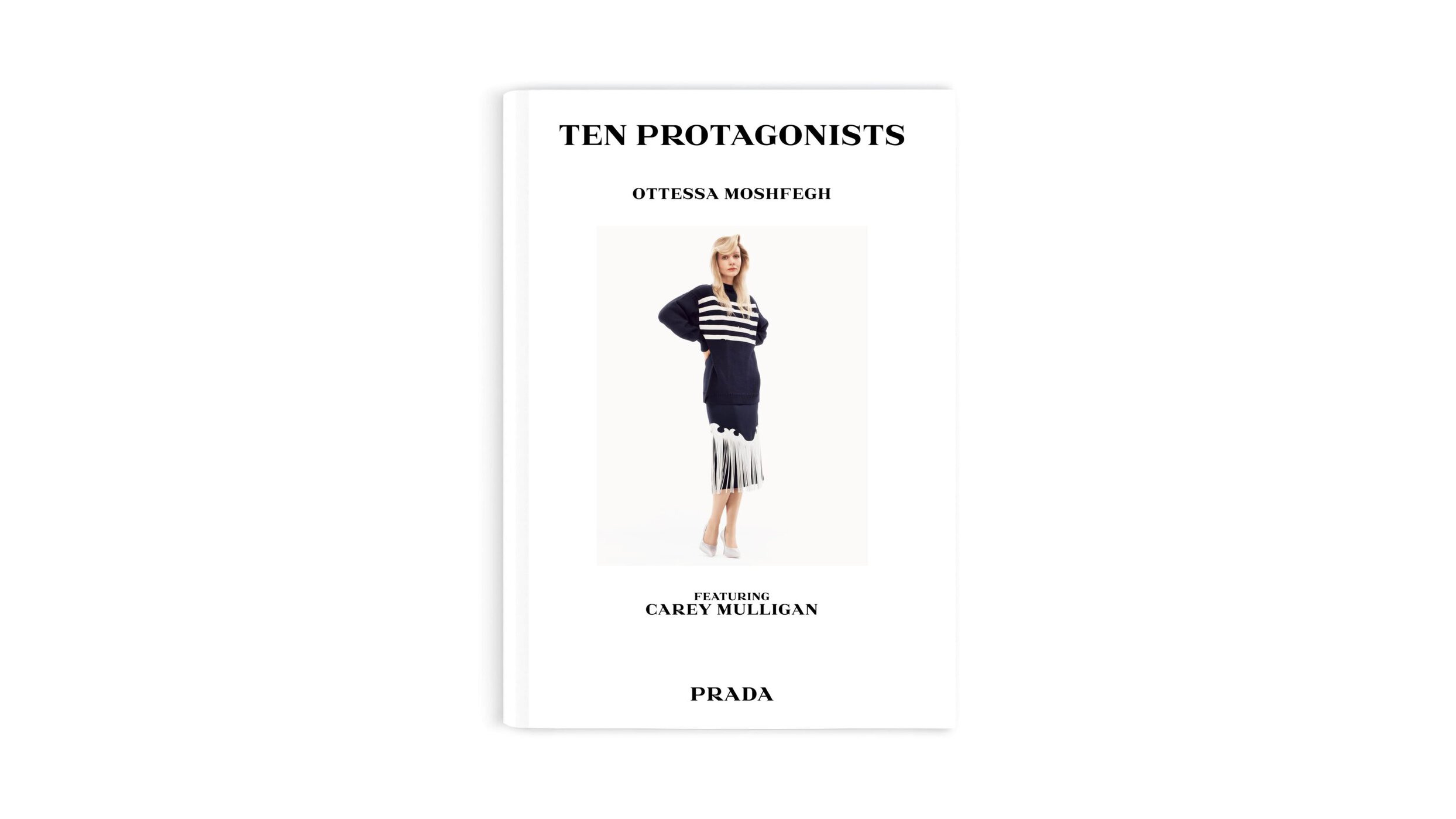 Carey Mulligan wearing a navy striped sweater and skirt on a white background for Prada.