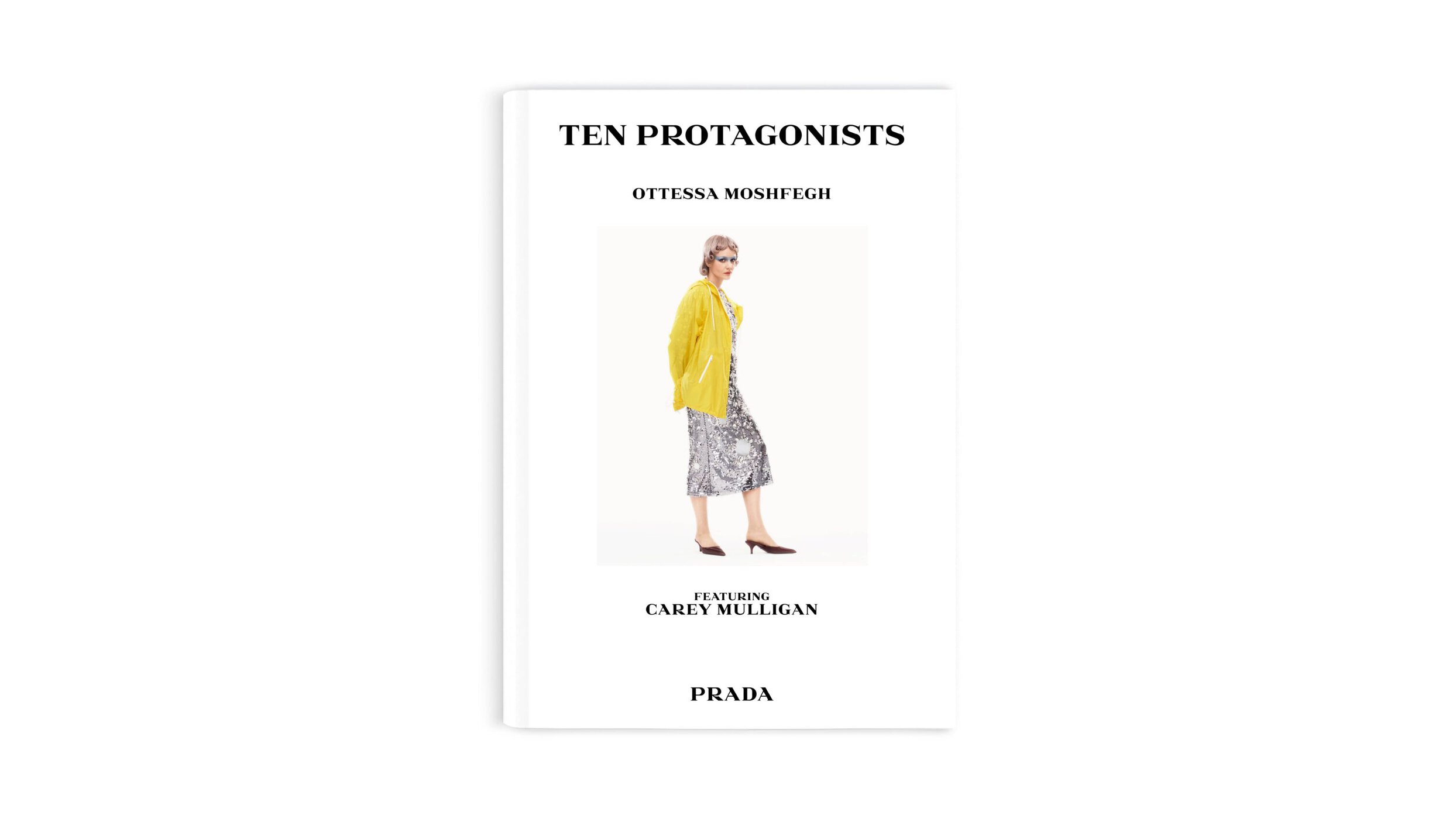 Book cover featuring Carey Mulligan wearing a yellow jacket and patterned skirt against a plain white background for Prada.