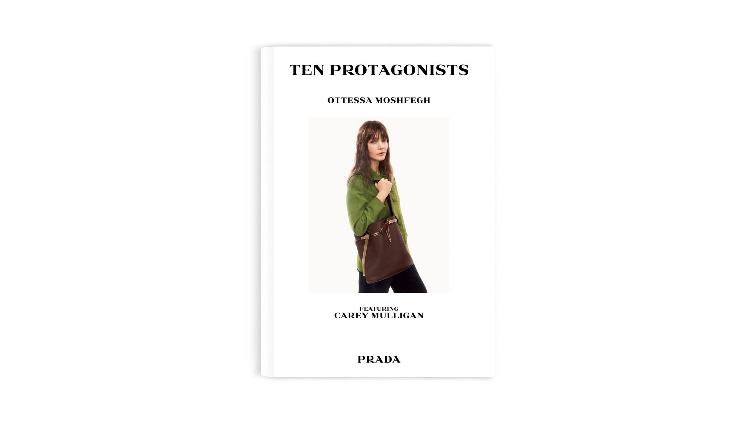 Carey Mulligan wearing a green jacket holding a brown shoulder bag on white background for Prada ad campaign