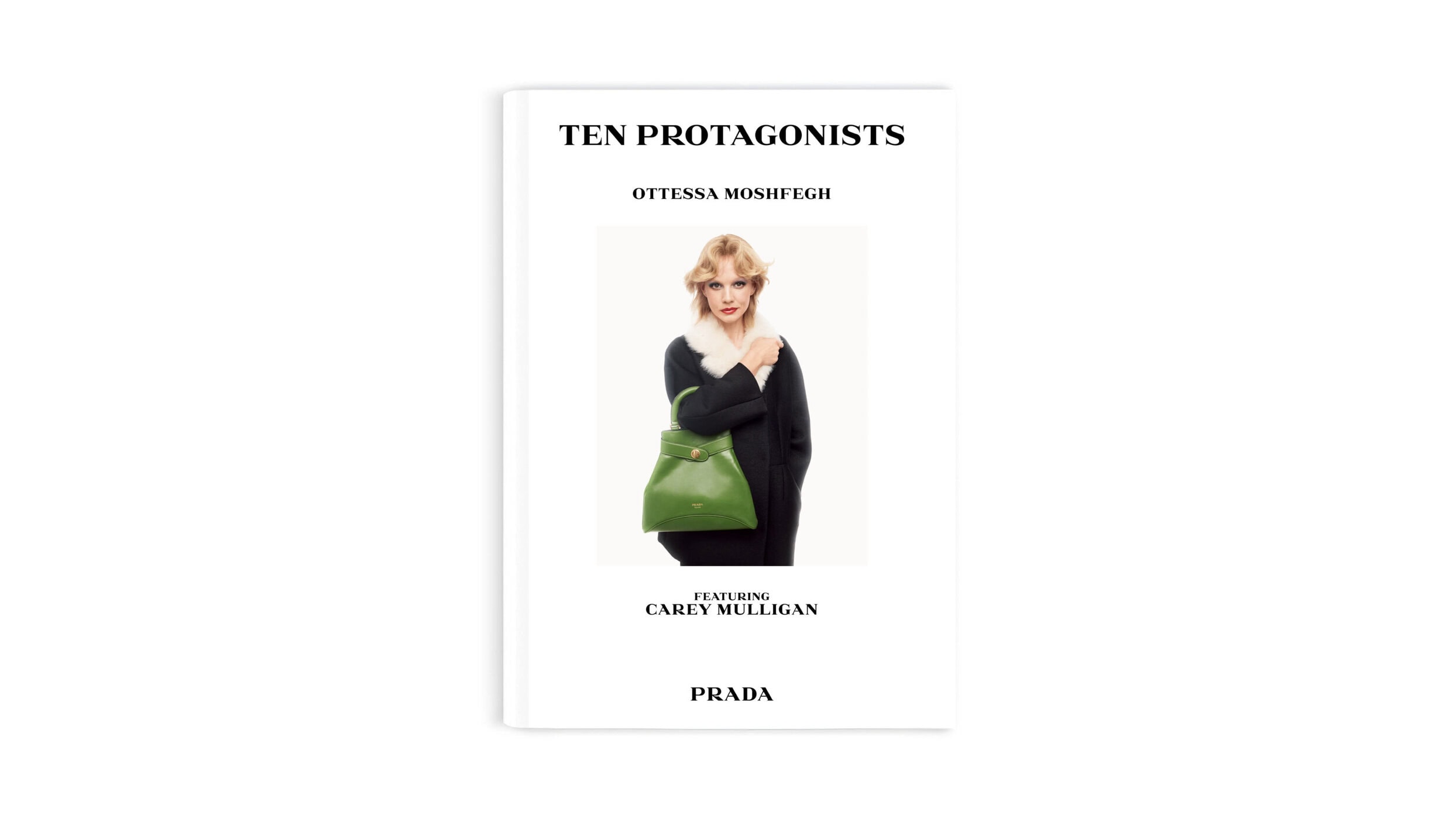 Carey Mulligan holding a green leather handbag wearing a dark coat against a white background for Prada