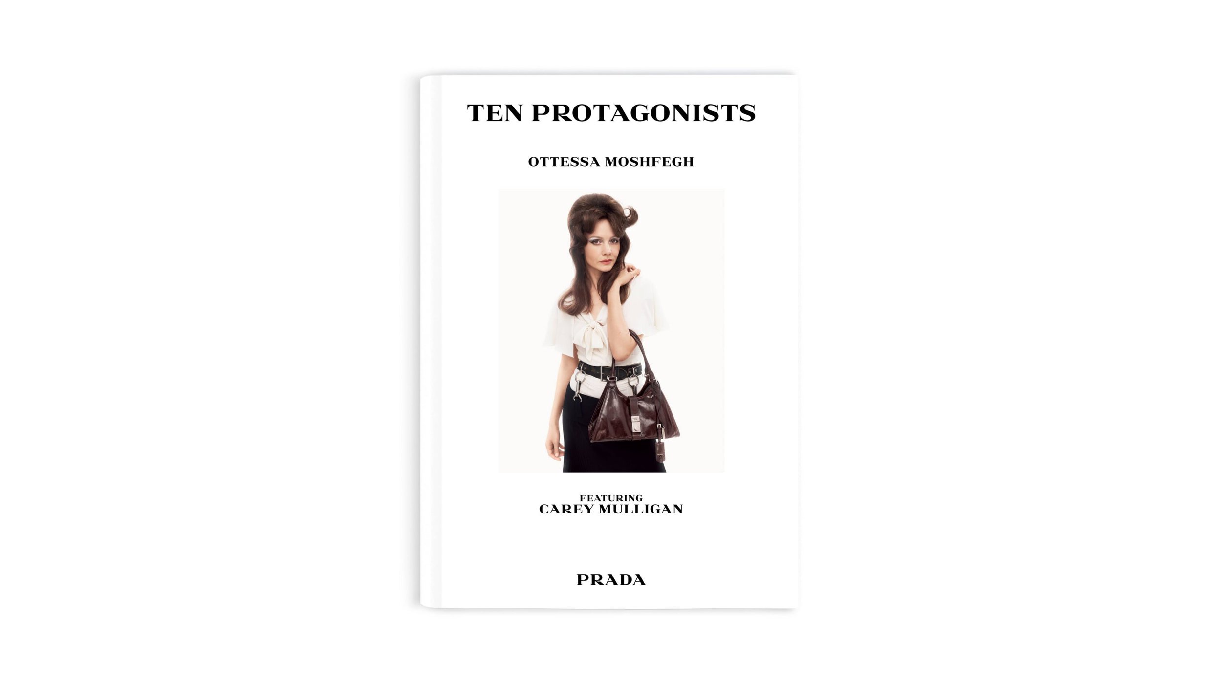 Book cover featuring Carey Mulligan in white blouse holding a brown handbag against white background for Prada ad campaign