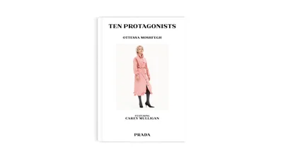Book cover for Ten Protagonists featuring Carey Mulligan in a pink trench coat against a white background for Prada.