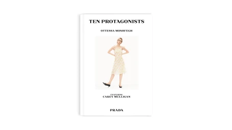 Book cover for Ten Protagonists featuring model Carey Mulligan in a white floral dress against a white background for Prada