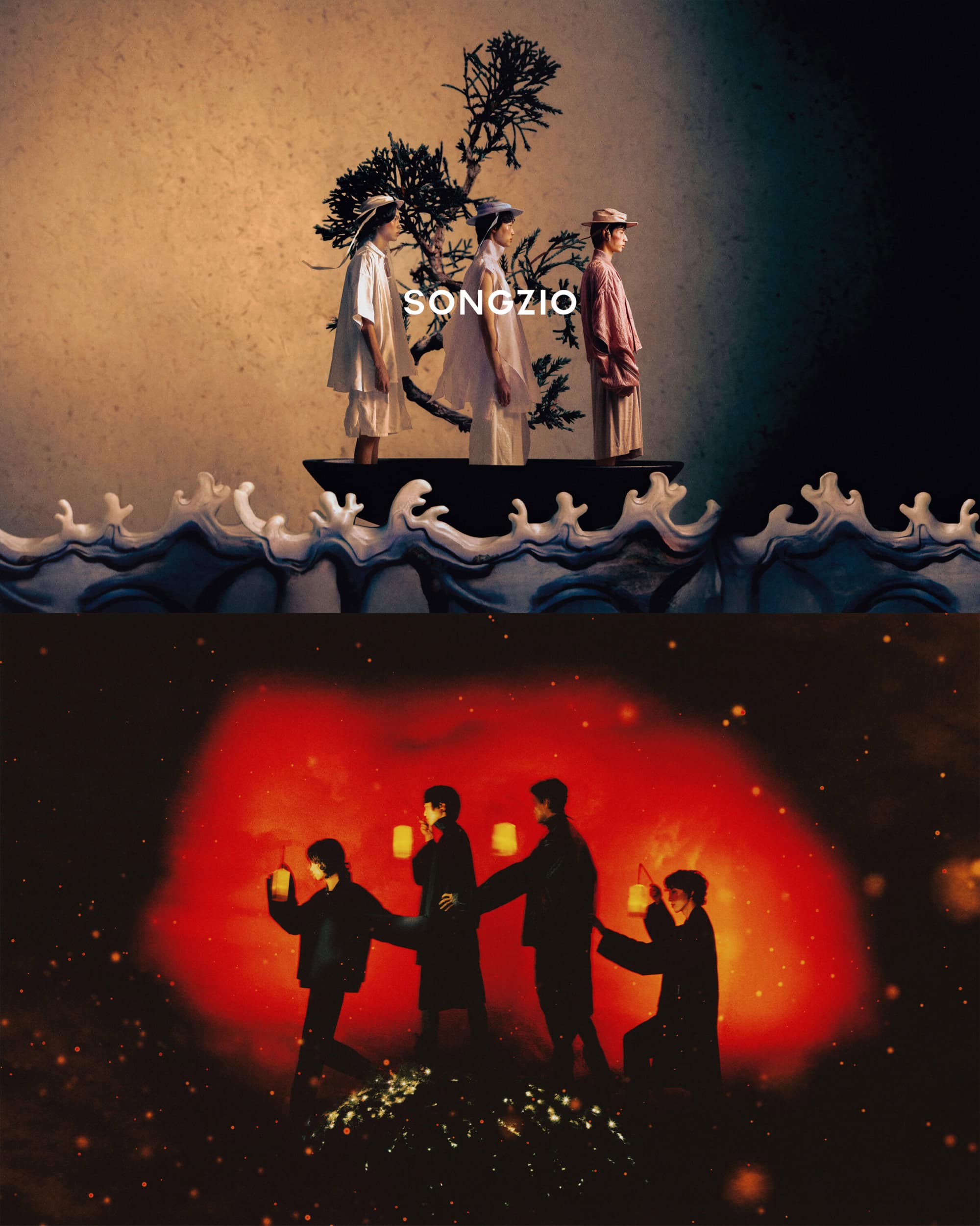 Two-panel fashion campaign image for Songzio featuring models in styled attire against stylized theatrical backdrops