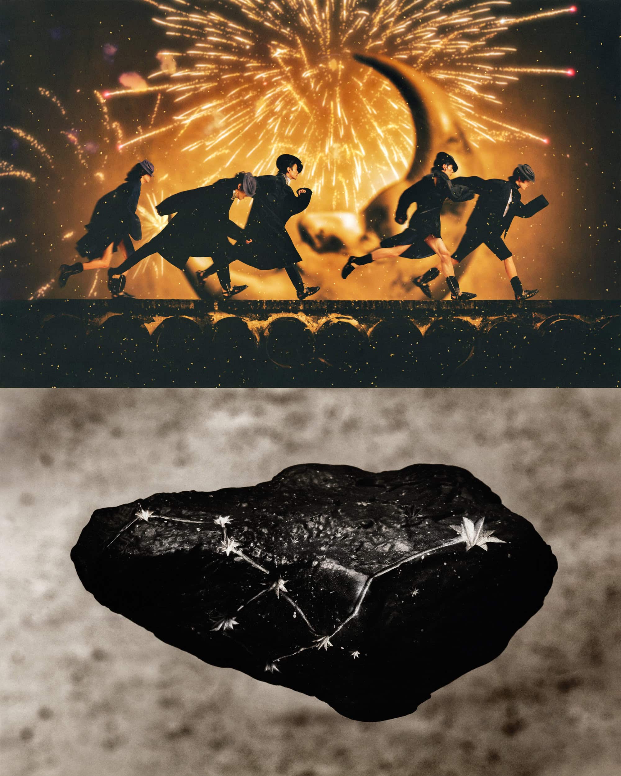 Split composition showing figures running before a crescent moon with fireworks above, and a dark floating stone below.