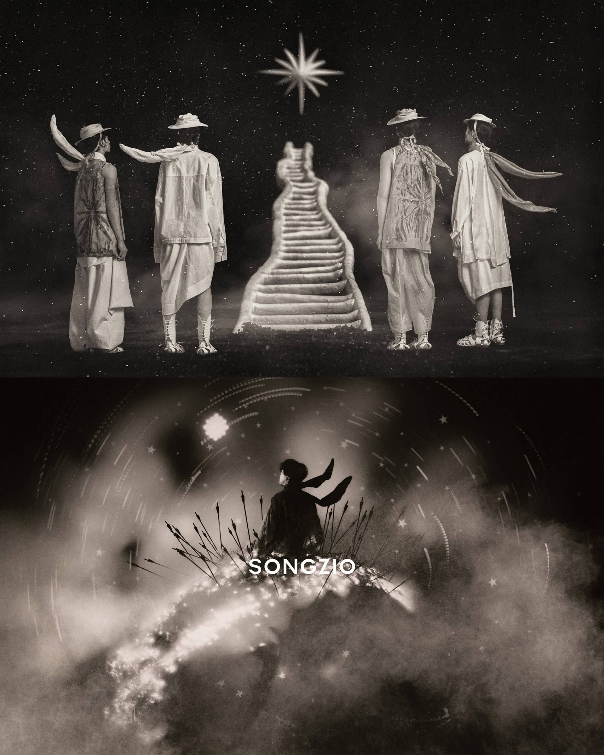Split-frame monochromatic fashion campaign image for Songzio featuring four models standing before stairs under a bright star, and a figure amidst arrows below.