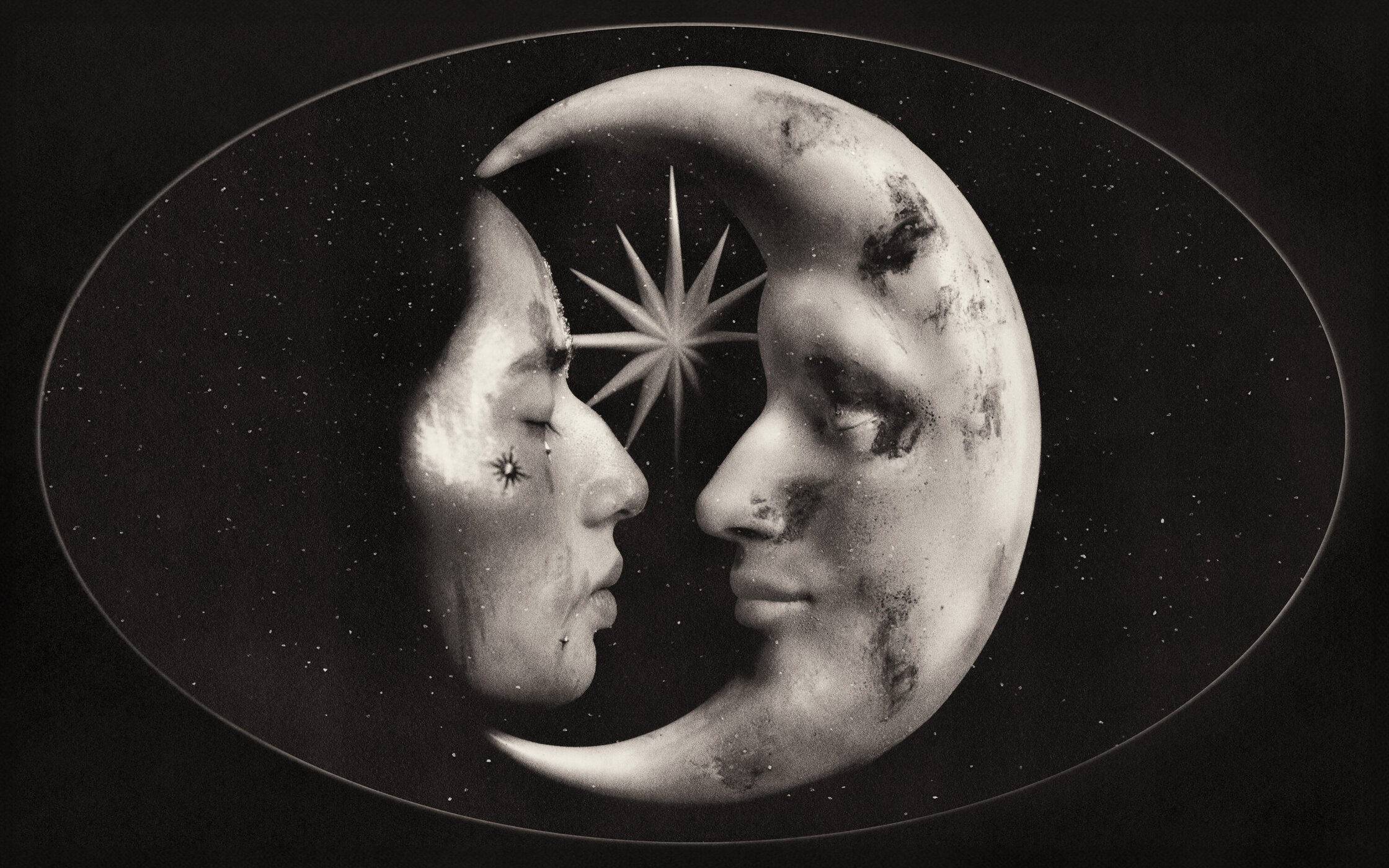 Monochrome oval vignette showing a person profile facing a textured crescent moon face against a starry night sky with a starburst.