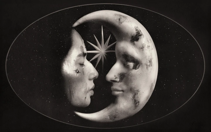 Monochrome oval vignette showing a person profile facing a textured crescent moon face against a starry night sky with a starburst.