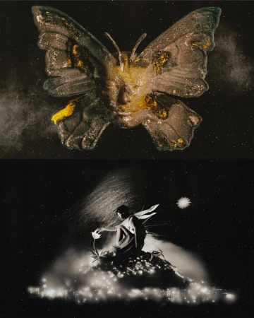 Surreal artistic composite with a golden butterfly mask above and a seated figure in a glowing cosmic landscape below.