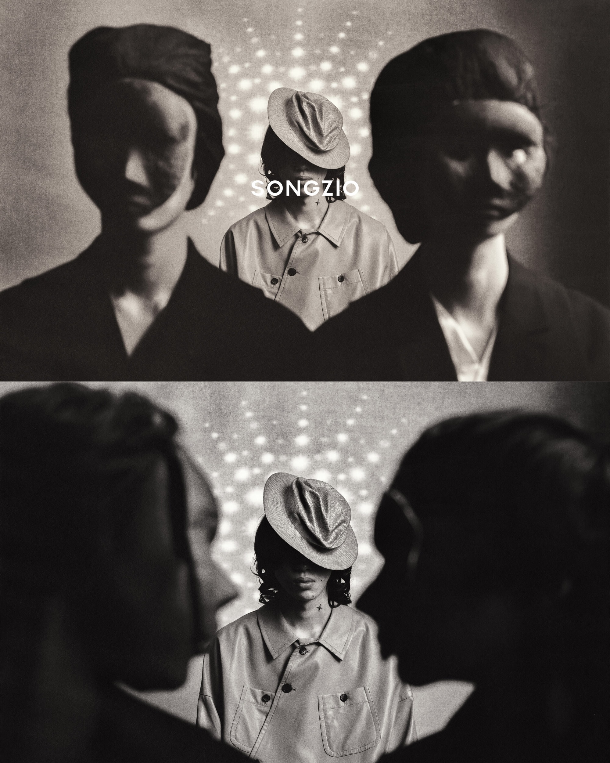 Two stacked monochrome fashion campaign frames featuring models with obscured faces against a patterned backdrop.