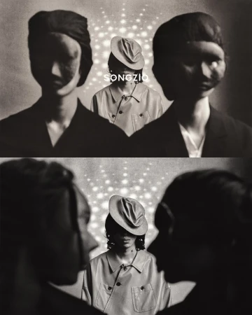 Two stacked monochrome fashion campaign frames featuring models with obscured faces against a patterned backdrop.