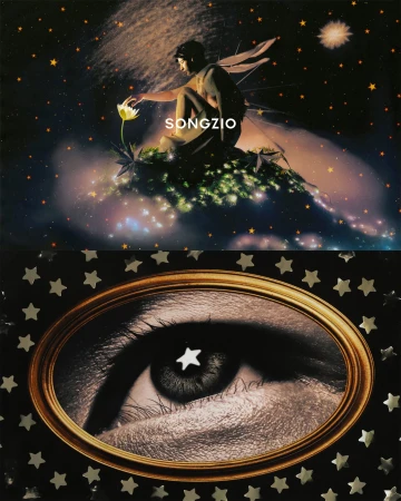 Split-frame advertisement featuring a seated figure touching a glowing flower above, and a close-up eye with a star reflection below.