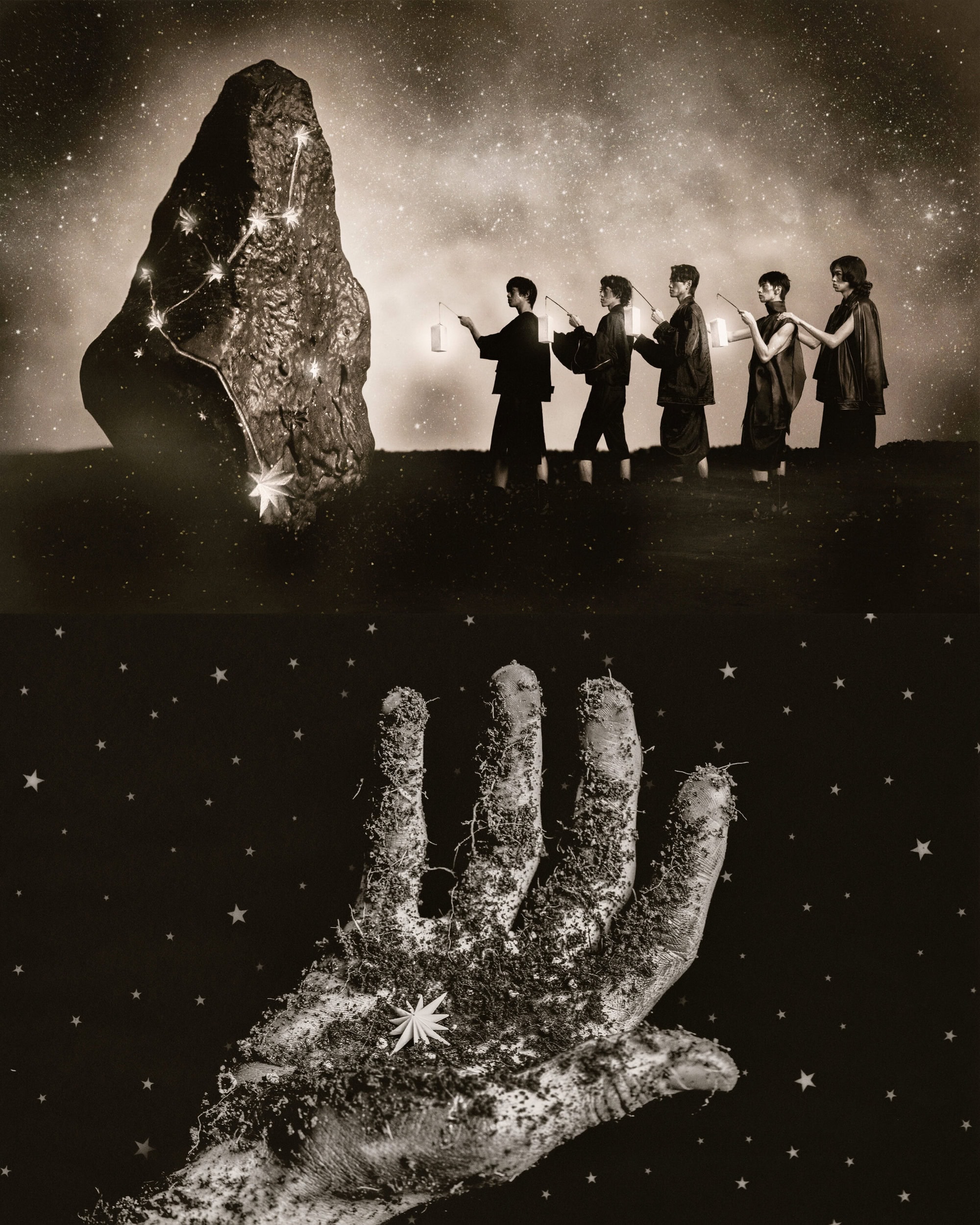 Split-frame monochrome image of five models holding small lanterns before a giant marked monolith and a moss-covered hand against a starry sky.