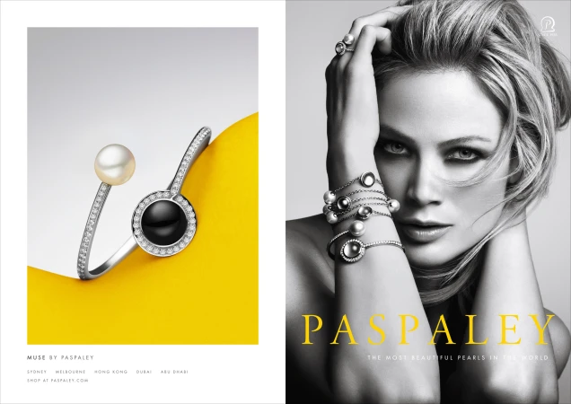 Paspaley campaign featuring pearl and diamond bracelets on a yellow surface and model with pearl jewelry in a black and white portrait.