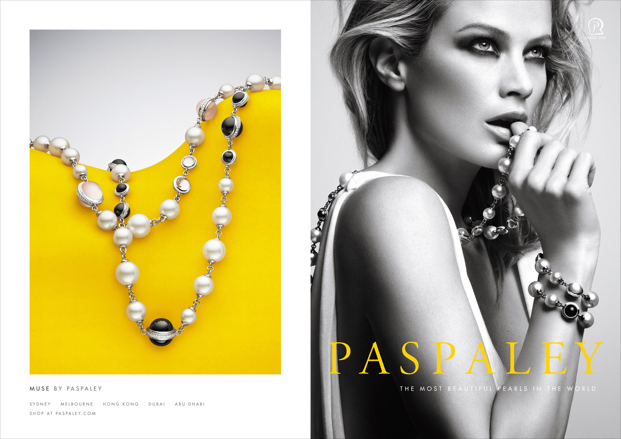 Paspaley campaign featuring a black-and-white studio portrait of a blonde woman wearing pearls, alongside a pearl necklace display on yellow.