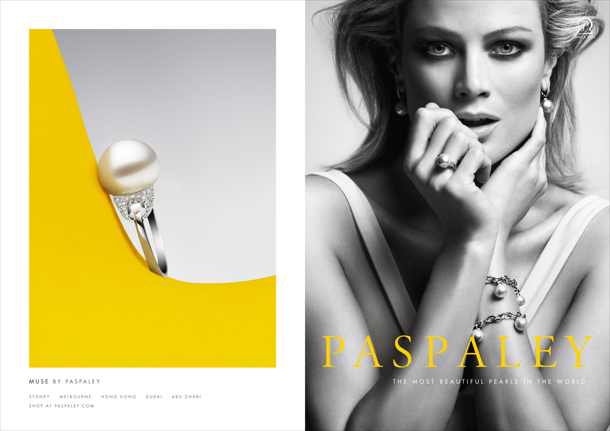 Advertisement featuring a woman wearing pearl jewelry, along with a pearl ring on a yellow and grey background. Paspaley brand.