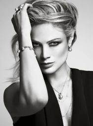 Black and white close-up portrait of a woman wearing pearl jewellery and a dark sleeveless top, touching her hair against a grey background.