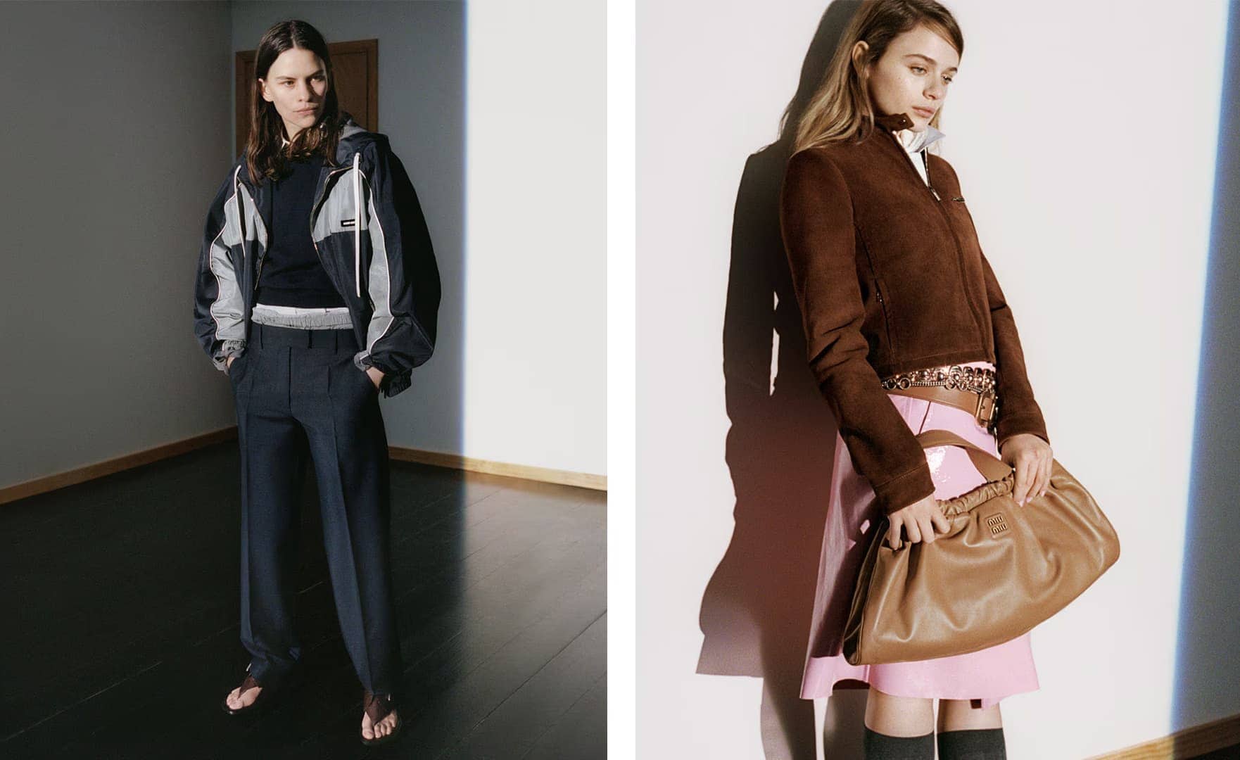 Diptych fashion campaign image featuring Eliot Sumner in a dark jacket and Joey King holding a tan leather bag in a pink skirt.