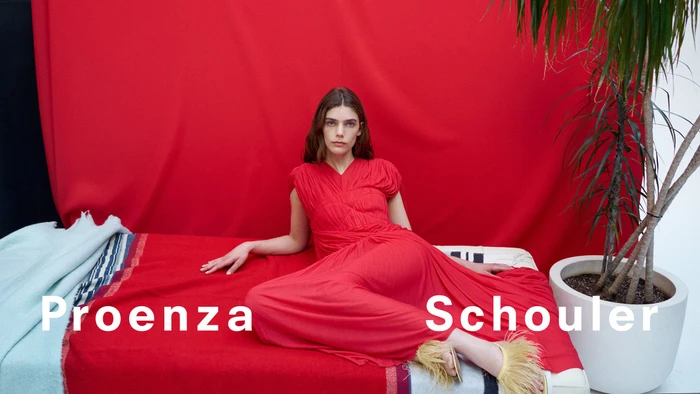 Model wearing a red dress reclining on a red blanket against a red backdrop with a potted plant.